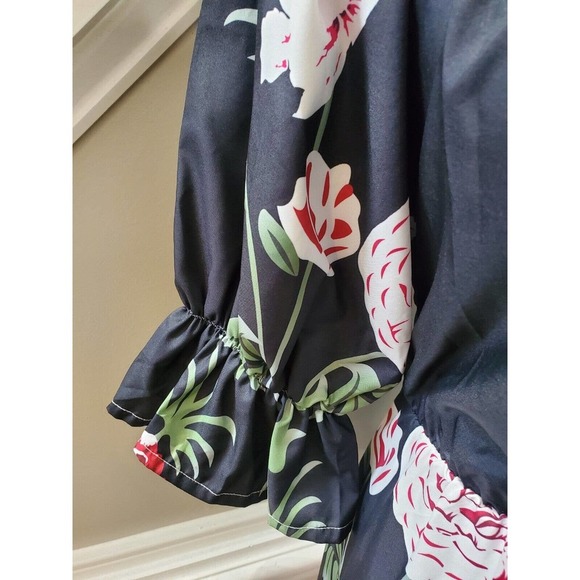 SHEIN Women's Black Floral Polyester Round Neck Off Shoulder Length Dress M - Picture 5 of 10